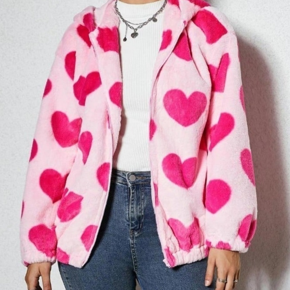 Women’s Plush  Hooded Jacket Size Medium Pink Hearts - Picture 5 of 9